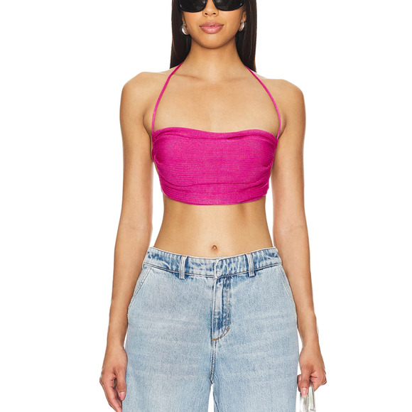 Lovers + Friends Pink Halter Top XS Crochet Festival Crop Cowl Revolve $118 NEW - Picture 1 of 7